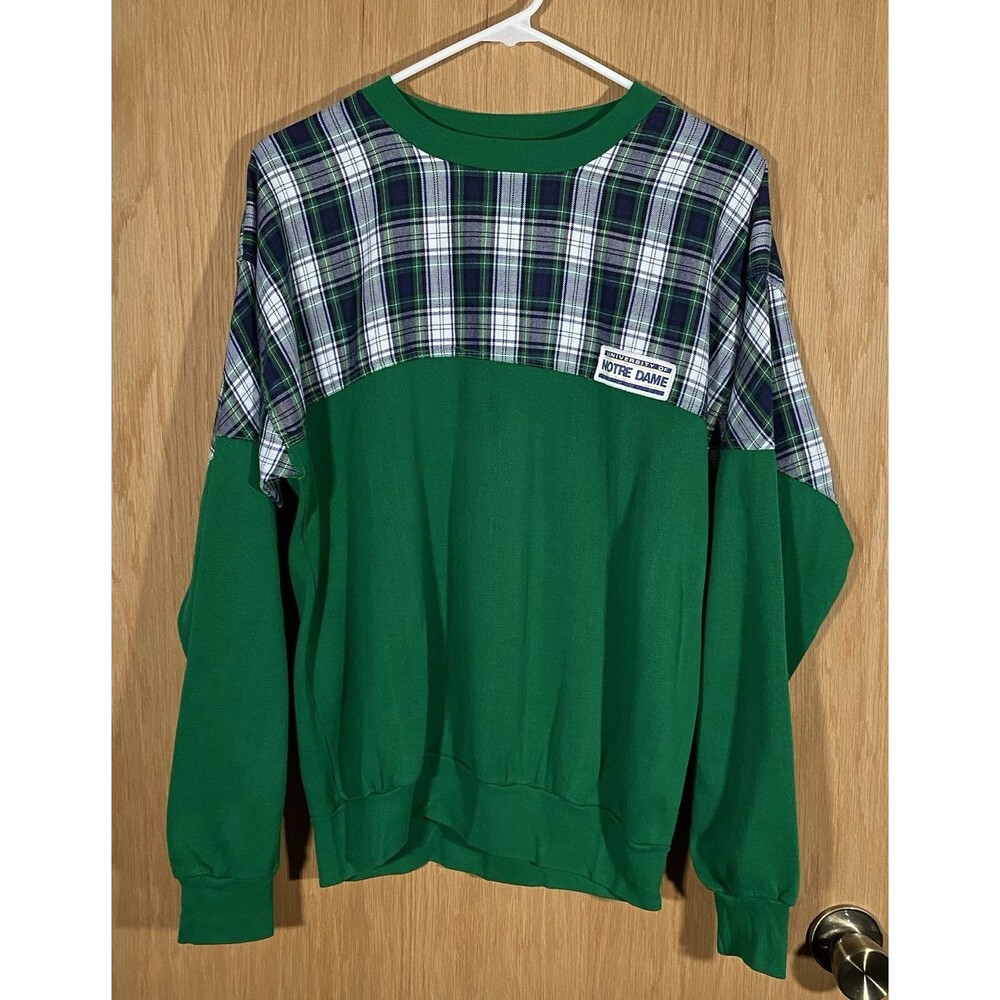 Vtg Women's Lg Notre Dame Crew Neck Sweater Plaid Color Block Preppy Spell Out